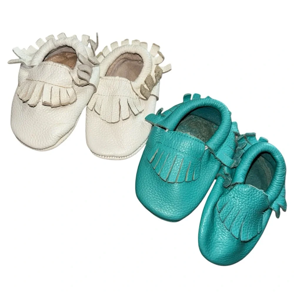 Chic Cream and Teal Kids Moccasins